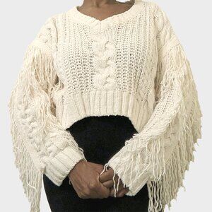 Hooked Up Crop Top Sweater Women's S Cream Fringe Chunky Knit Oversized Western